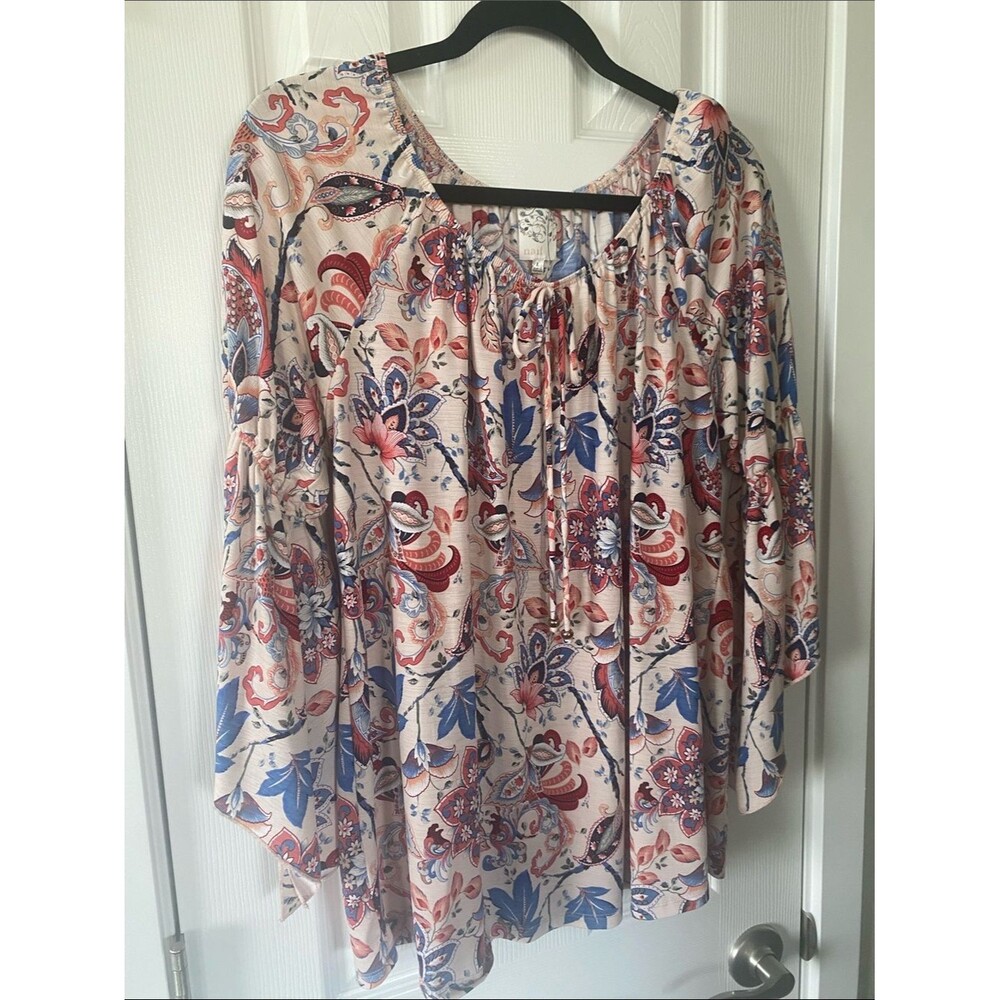 NAIF Tunic Light Pink Blue Red Coral Floral & Paisley Tie-Neck Split Sleeve Sz L - Picture 9 of 11